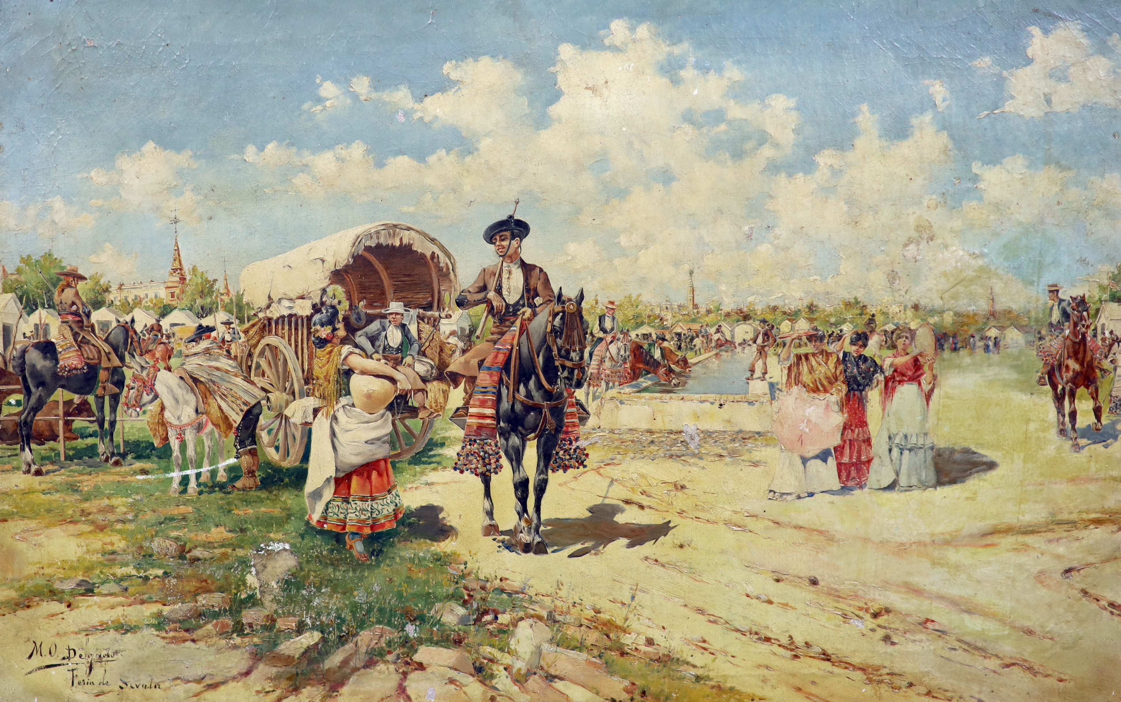 Manual Obiols Delgado (Spanish, 1860-1911), 'Feria de Sevila', oil on canvas, 34 x 54cm